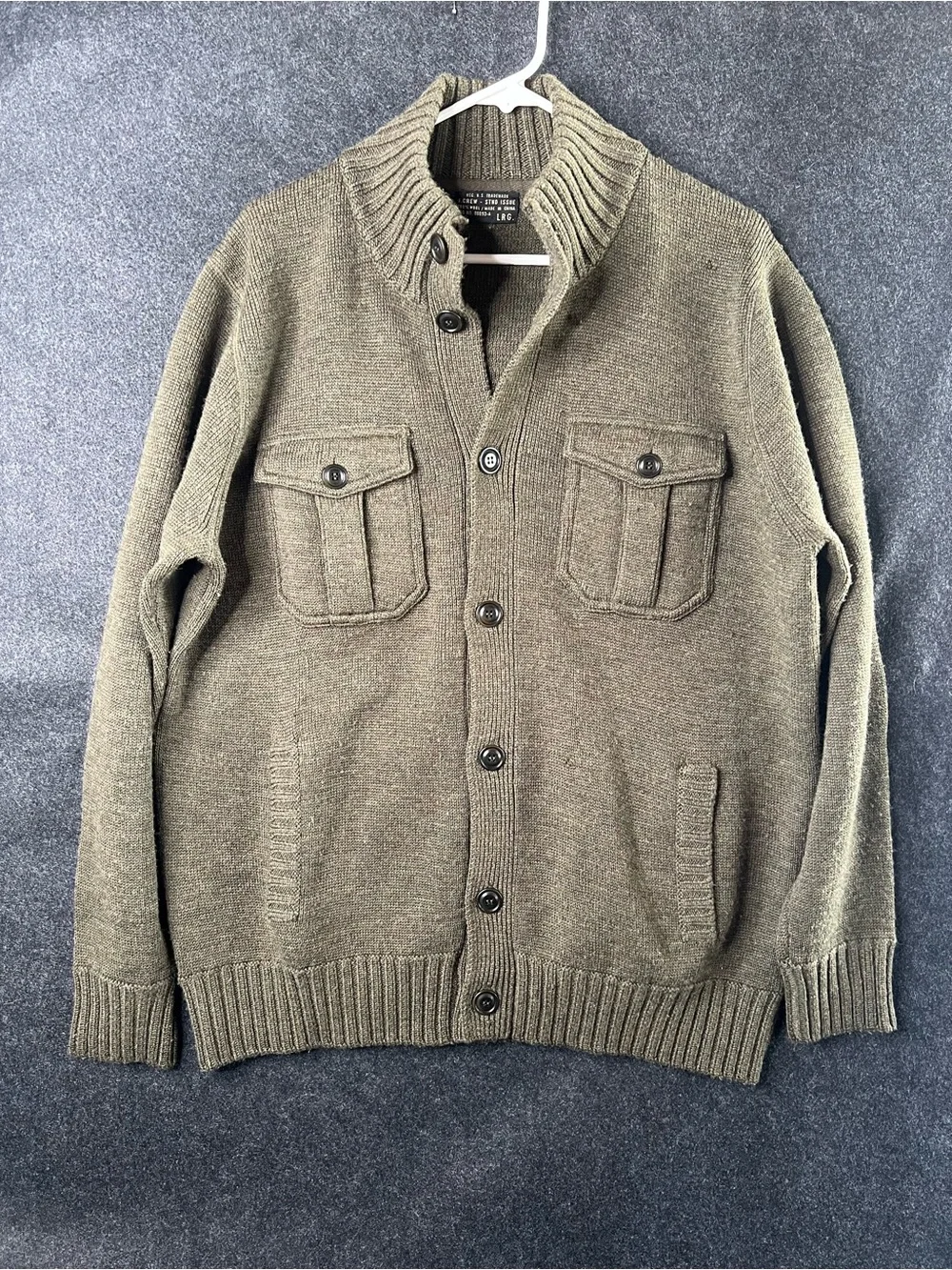 J.Crew Chunky Military Style 100% Wool Olive Green Cardigan Men’s Size L Preppy
